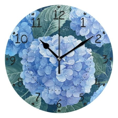 Blue Hydrangeas Round Wall Clock Silent Analog Battery Operated Black Pointer Home Decor 9.84 Diameter