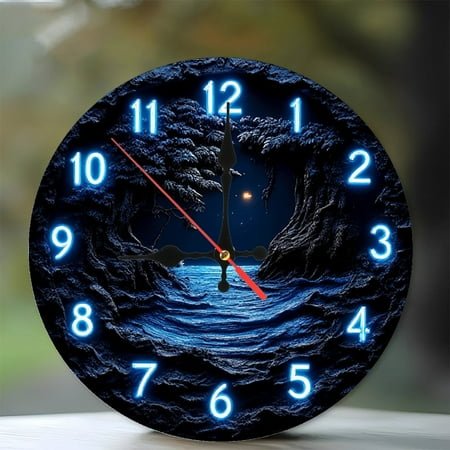 Blue Neon Clock Ocean Scene Wall Art 10-Inch Silent Wooden Wall Clock, Battery Operated (AA Batteries Not Included), Artistic Home Decor