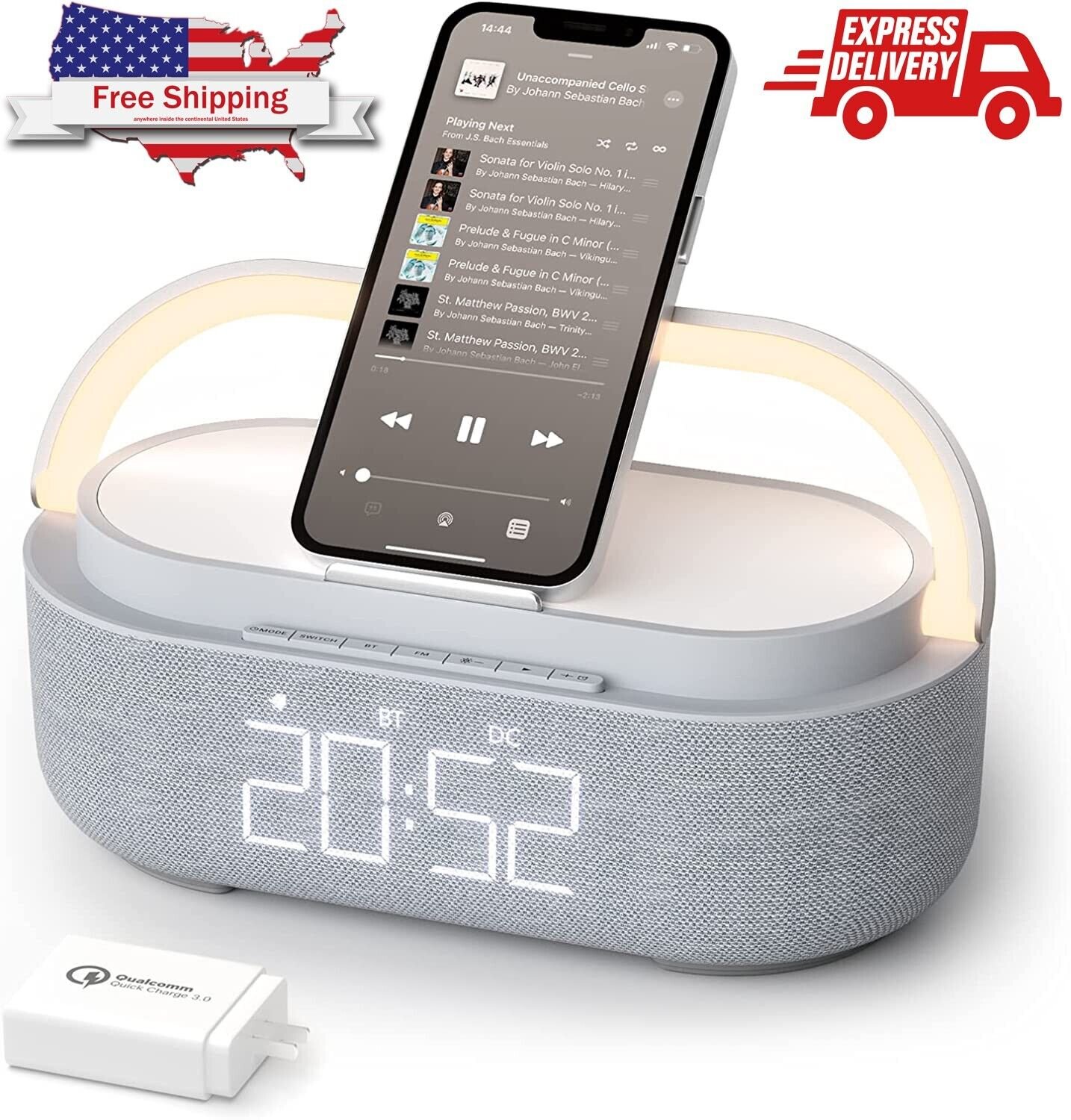 Bluetooth Speaker Digital Alarm Clock Wireless Charger Radio Night Light 2600mAh