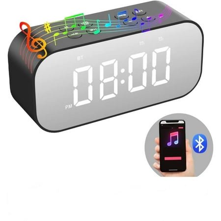 Bluetooth Speaker with Digital Clock,Alarm Clock for Bedroom/Office,LED Digital Alarm Clock,Large Display Easy to Read Across,Makeup Mirror Multi-Function Desk Clock for Heavy Sleepers Adults(Black)