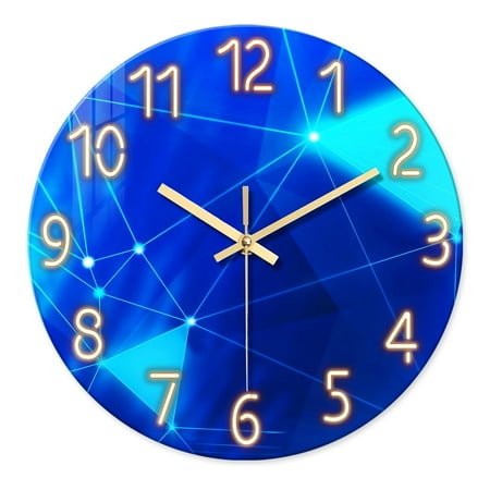 Blue Wall Clock Battery Operated 14 Inch Modern Wall Clock Non Ticking Glass Clock for Living Room Kitchen Home Office