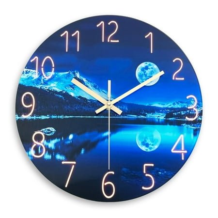 Blue Wall Clock for Bedroom 12 Inch Natural Landscape Round Wall Clock Battery Operated Clock Silent Wall Clock Non-Ticking