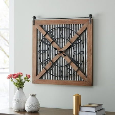 Brown and Silver Fieldhaven Barn Door Wall Clock for Home Office, Kitchen, Living Room, Bedroom, Square, Wood and Metal, Farmhouse Decor, 29 x 27 inches