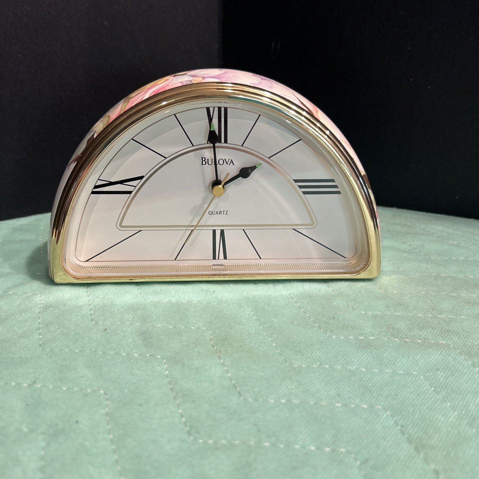 Bulova Quartz Table Top Battery Operated Alarm Clock WORKS Pastel Floral & Gold