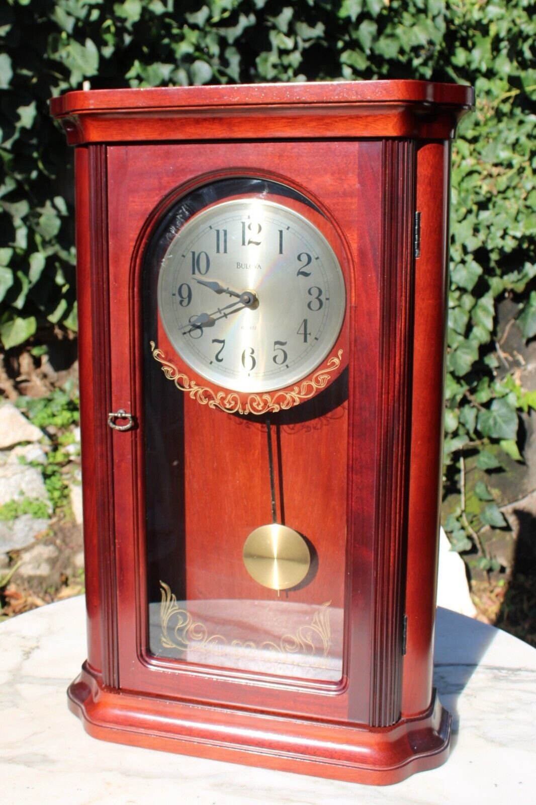 Bulova Wall Clock Chime 24.5 in. x 15 in. Pendulum Glass Rectangle Wood Brown