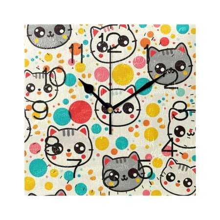 Cartoon Cat Face and Dots Wall Clock 7.78 Non-Ticking Silent Battery Operated for Home Bedroom Office Kitchen Living Room