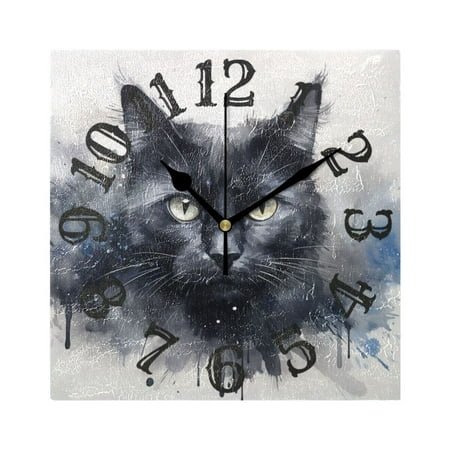 Cat Head Black Wall Clock Square Silent Non Ticking Battery Operated Clock for Home Bathroom Kitchen Bedroom Living Room