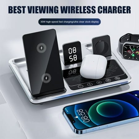 Chatgetd 4 in 1 Wireless Charger Stand with Alarm Clock & Night Light Foldable Fast Charging Dock One-Key Lifting Smartwatch Charging Stand for IPhone