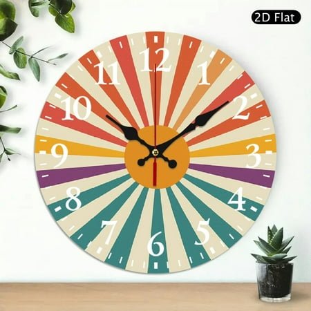 Chilfamy 10 Inch Wooden Wall Clock Sunburst Print Silent Mechanical Movement Wall Hanging Decor for Living Room Dorm Bedroom Kitchen Home Office - Decorative Wall Clocks for Living Room 10x10in