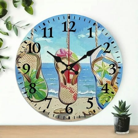 Chilfamy Beach Flip Flops Wooden Wall Clock, 10 Inch Round Decor 10x10in
