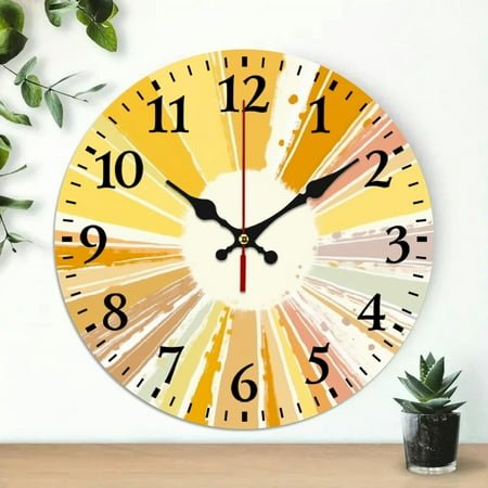 Chilfamy Sunburst Yellow Circle Round Wooden Wall Clock Silent Mechanical Movement for Home Decor - Perfect for Living Rooms, Kitchens, Dorms - Practical Everyday Gift 10x10in