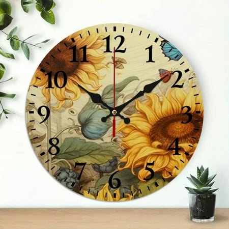 Chilfamy Sunflower Flowers Butterfly Print Wall Clock 10 Inch Frameless 10x10in