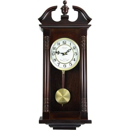 **classic chiming wall clock with swinging pendulum in cherry oak finish, 4.75 l x 11.75 w x 27.50 h