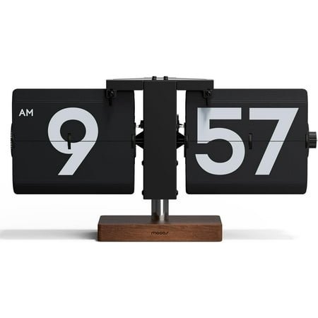 **classic modern wood big flip desk clock (black), retro vintage analog design auto flip clock table clock large number battery powered, ideal for home office school hotel café