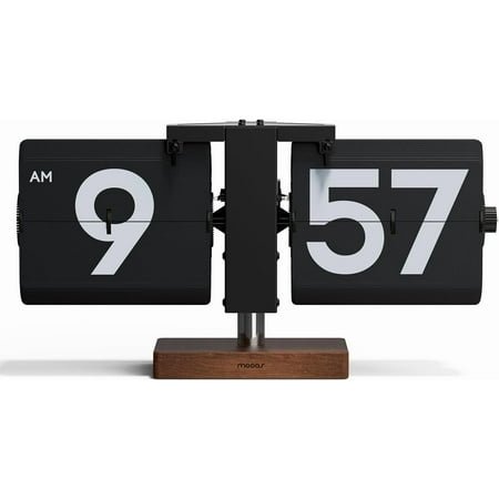 Classic Modern Wood Big Flip Desk Clock (Black), Retro Vintage Analog Design Auto Flip Clock Table Clock Large Number Battery Powered, Ideal for Home Office School Hotel Café
