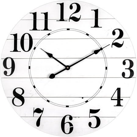 CLCL Farmhouse Wall Clocks for Living Room Decor, 24 inch Large Silent Battery Operated Quartz Wall Clock, White Rustic Country Mid-Century Shiplap Round Wooden Wall Clock-Arabic