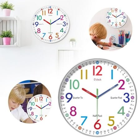 Clearance Clock under $15 Marstey Kids Teaching Wall Clock Time Teaching Clock Children’s Large Silent Wall Clock Battery Powered Clock for Kids Learn to Tell Time Easily(Battery Not Included)
