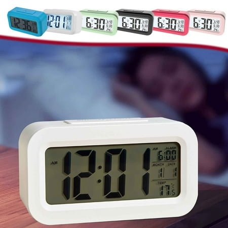 Clearance! Digital Alarm Clock with LCD Display, Desk Smart Electronic Small Clock with Indoor Temperature, Date, Light Sensor, Backlight, Battery Operated, for Home Bedroom Kids Office Black