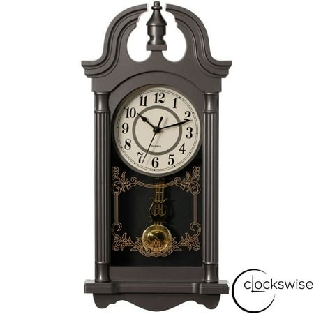 Clockswise 20 Vintage-Inspired Plastic Grandfather Wall Clock Realistic Wood-Grain Finish Swinging Pendulum Battery-Operated Decorative Accent for Home Office Living Room Kitchen Hallway, Charcoal