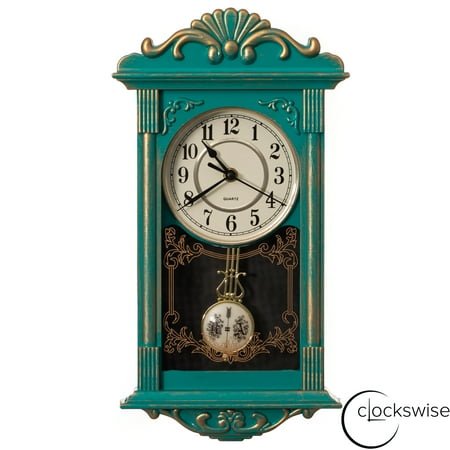 Clockswise Vintage Grandfather-Style Wall Clock with Wood-Effect Plastic Pendulum, Battery-Operated - for Home Decor, Living Room, Home Office, Kitchen or Dining Room – Green with Distressed Finish