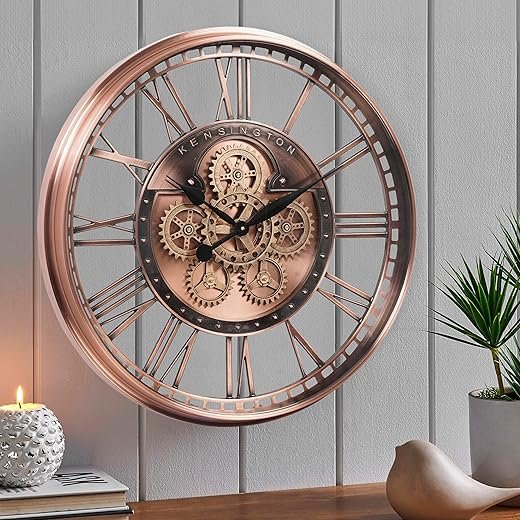 CLXEAST 28 Inch Oversized Large Moving Gears Wall Clock,Industrial Vintage Rose Gold Silent Wall Clock for Modern Farmhouse Living Room Home Decor,Copper Finish
