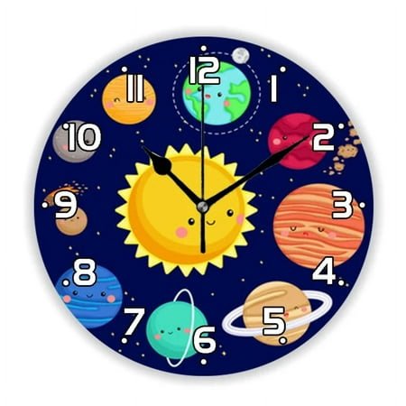 Colorful Cartoon Planets of Solar System Galaxy Universe Wall Clock for Kid Bedroom Boy Nursery Space Cute Watch Home Decor(12 Inch)