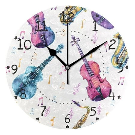 Colorful Guitar Violin Saxophone Notes Round Wall Clock Silent Analog Battery Operated Black Pointer Home Decor 9.84 Diameter