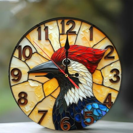 Colorful Stained Glass Woodpecker Wall Clock 10-Inch Silent Wooden Wall Clock, Battery Operated (AA Batteries Not Included), Artistic Home Decor