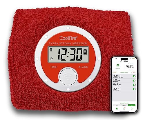 Coolfire - Vibrating Alarm Clock Sweatband, Silent Wake Yourself Up Wristband Vibrating Alarm Watch for Couples, Students, Easy to Set on User-Friendly App, Hearing Impaired, USB Chargeable (RED)
