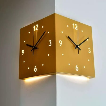 Corner Wall Clock with Light, Inductive Luminous Corner Clock, Luxury Double Sided Hanging Clock Digital Hollowed Out, Battery Operated, 10in Square Metal Silent Clocks for Living Room Decor
