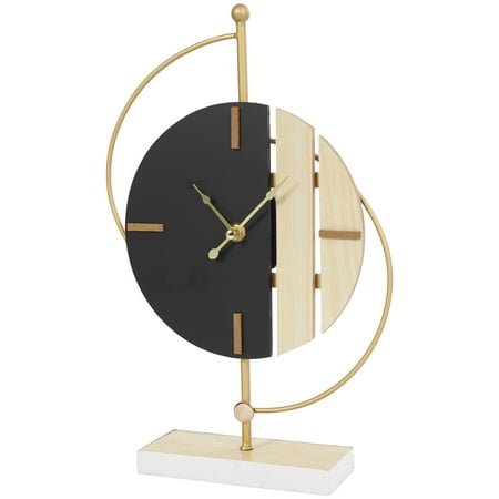 CosmoLiving by Cosmopolitan 14 Black Wooden Geometric Two-Toned Clock with Wood Accents and Gold Semicircle Frame