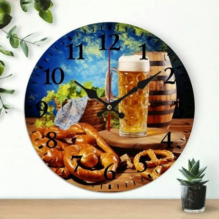 Creowell Beer And Pretzels Wooden Wall Clock 10 Inch Silent Decor 10x10in