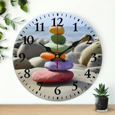 Creowell Colorful Rock Abstract Sculpture Round Wooden Wall Clock 10x10in