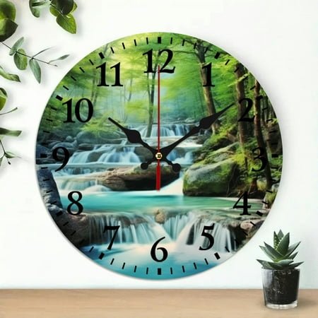 Creowell Waterfall Forest River Round Wooden Wall Clock 10 Inch 10x10in