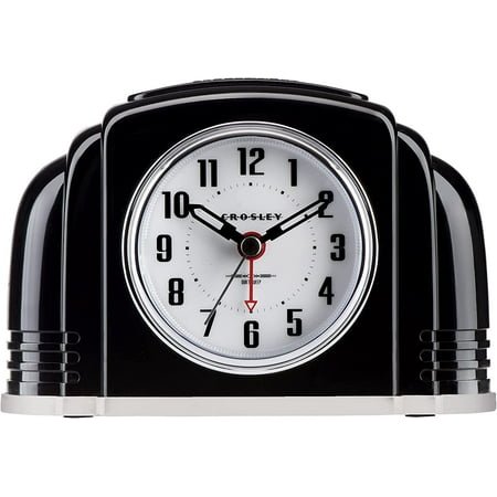 Crosley Vintage Art Deco Analog Alarm Clock, Quiet Sweep Non-Ticking, Automatic Dimmable Smart Light, Simple Controls, (Black)
