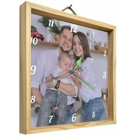 Custom Photo Wall Clock, 12-inch Round Wood Frame, Personalized Silent Clock for Living Room (Square 30cm(11.8))