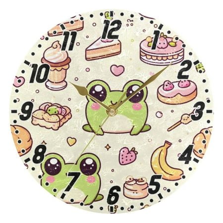 Cute Frog with Cake Wall Clock 9.8 inch Battery Operated Clocks Non-Ticking Silent for Bedroom Office Kitchen Living Room(Gold)