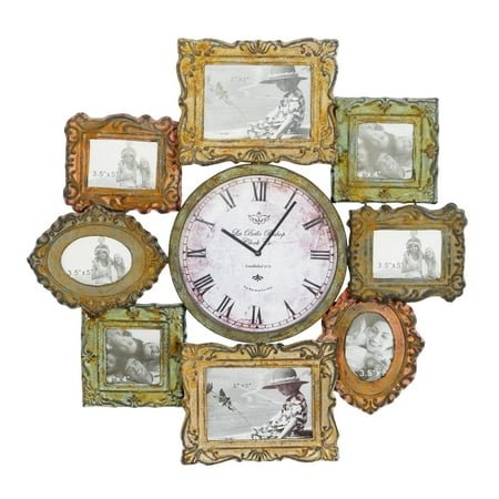DecMode 2 Green Metal Scroll 8 Photo Opening Wall Clock