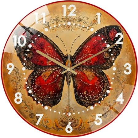 Decorative Clocks: Vintage Butterfly Art Glass Wall Clock, Red Butterfly Distressed Butterfly Decor Wall Clock for Homes, Bars, Offices, Man Caves, Garages, And Living Rooms .Also Makes A Great