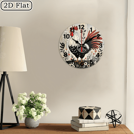 Decorative Plaque 8x8 inch Round Vintage Style Metal Chicken Art Sign2D Flat 1pc 10Inch Design Silent Wall Clock Wooden Living Room, Bedroom Housewarming & Anniversary Gift