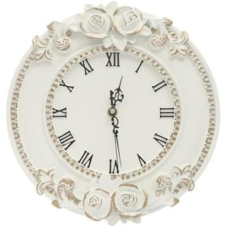 Decorative Wall Clock, 12x11In Small Vintage White Round Wall Clock Battery Operated Silent French Country Decor Wall Clocks for Farmhouse, Kitchen, Bedroom (Round-Carving)