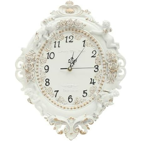 Decorative Wall Clock, 12x11In Small Vintage White Wall Clock Battery Operated Silent French Country Decor Wall Clocks for Farmhouse, Kitchen, Bedroom (Oval‌-Carving)