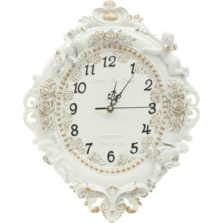 Decorative Wall Clock, 12x11In Small Vintage White Wall Clock Battery Operated Silent French Country Decor Wall Clocks for Farmhouse, Kitchen, Bedroom (Oval-Carving)