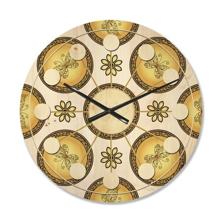 Designart 'Browne and Gold pattern with gradient vintage circles' Mid-Century Modern Wood Wall Clock