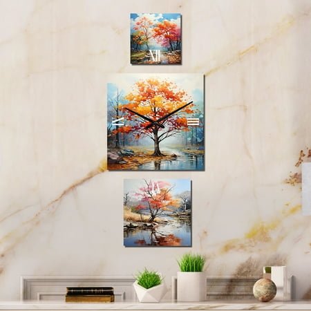 Designart Maple Liveliness Palette Trees Oversized Wall Clock - Set Of 3 - Extra large Traditional Clock For Office Décor - Large Vertical Clock