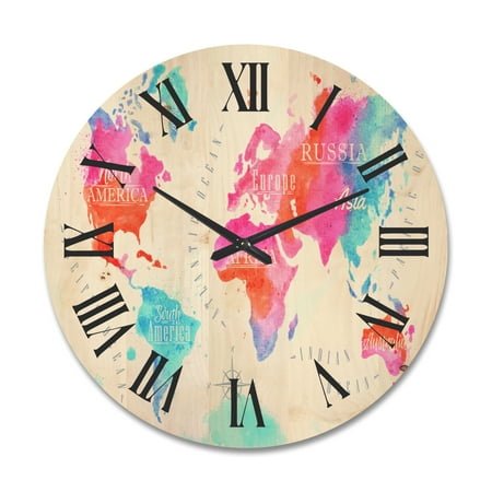 Designart 'World Map In Blue and Pink' Modern Wood Wall Clock