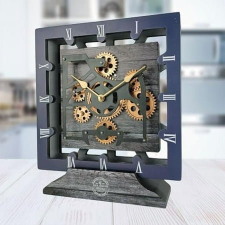 Desk Clock 10 Inches with Real Moving Gear Square Convertible Into Wall Clock (Carbon Grey)