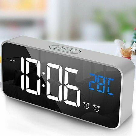 Digital Alarm Clock, LED Digital Alarm Clock Mirror Desk Clock USB Rechargeable Travel Alarm Clock with 2 Alarms / Snooze / Temperature Display / Voice Control Function, 4 Brightness, Silver