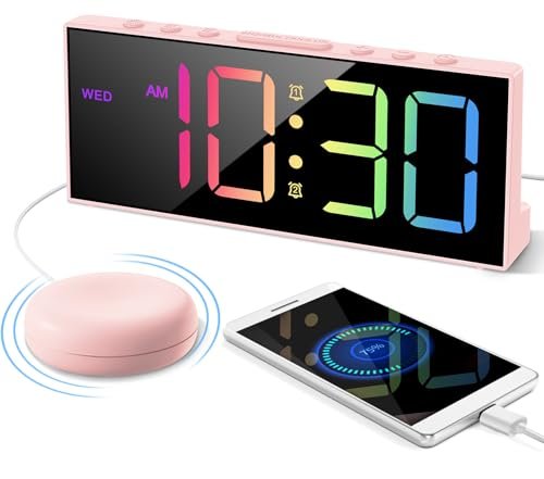 Digital Alarm Clock with Bed Shaker, Large Numbers Plug in Alarm Clock for Heavy Sleepers Adults Teens with USB Charger, Dual Alarm, 12/24Hr, Snooze, Dimmable, Adjustable 3-Levels Volume-Pink