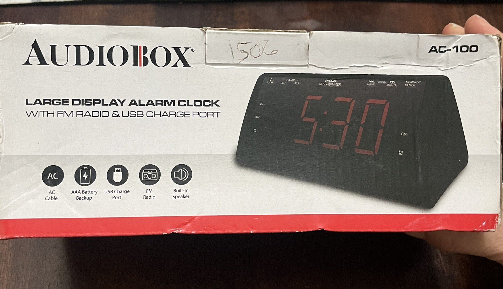 Digital Alarm Clock with Large Red LED Display, Battery Backup, FM Radio